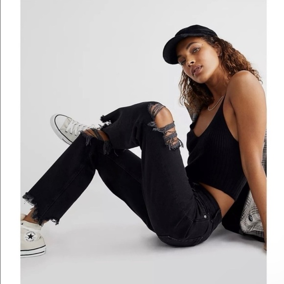 Free People Women's Maggie Straight Leg Jeans Black Mid Rise Distressed Sz 29 - Picture 9 of 16